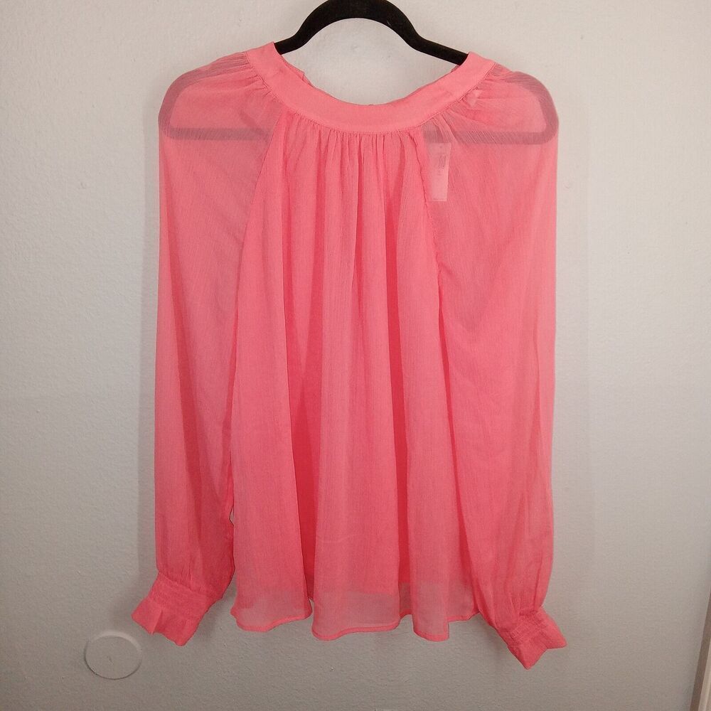 Old Navy Shirt Tall Medium Pink Tunic Sheer Button Up Cuff Long Sleeves Tie Neck